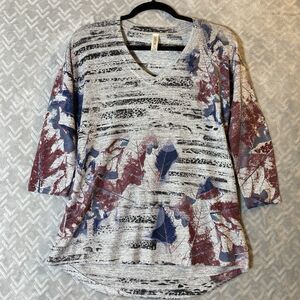 Cubism Womens Wearable Art Top XS Multi Leaves 3/4 Sleeve V-Neck Vintage 80s